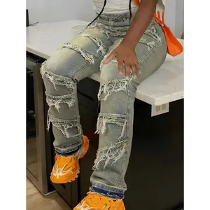 90s street slanted pockets with high elasticity, worn-out original wear and tear, unique tassel design patch, hip-hop jeans, festival autumn women's clothing can be paired with raincoats