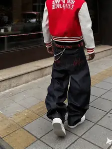 Y2K Millennium Style Heartbeat Jeans, Electrocardiogram Thread Embroidered, Wide-Leg, Mid Waist, Loose-Fit, American Streetwear, Pants