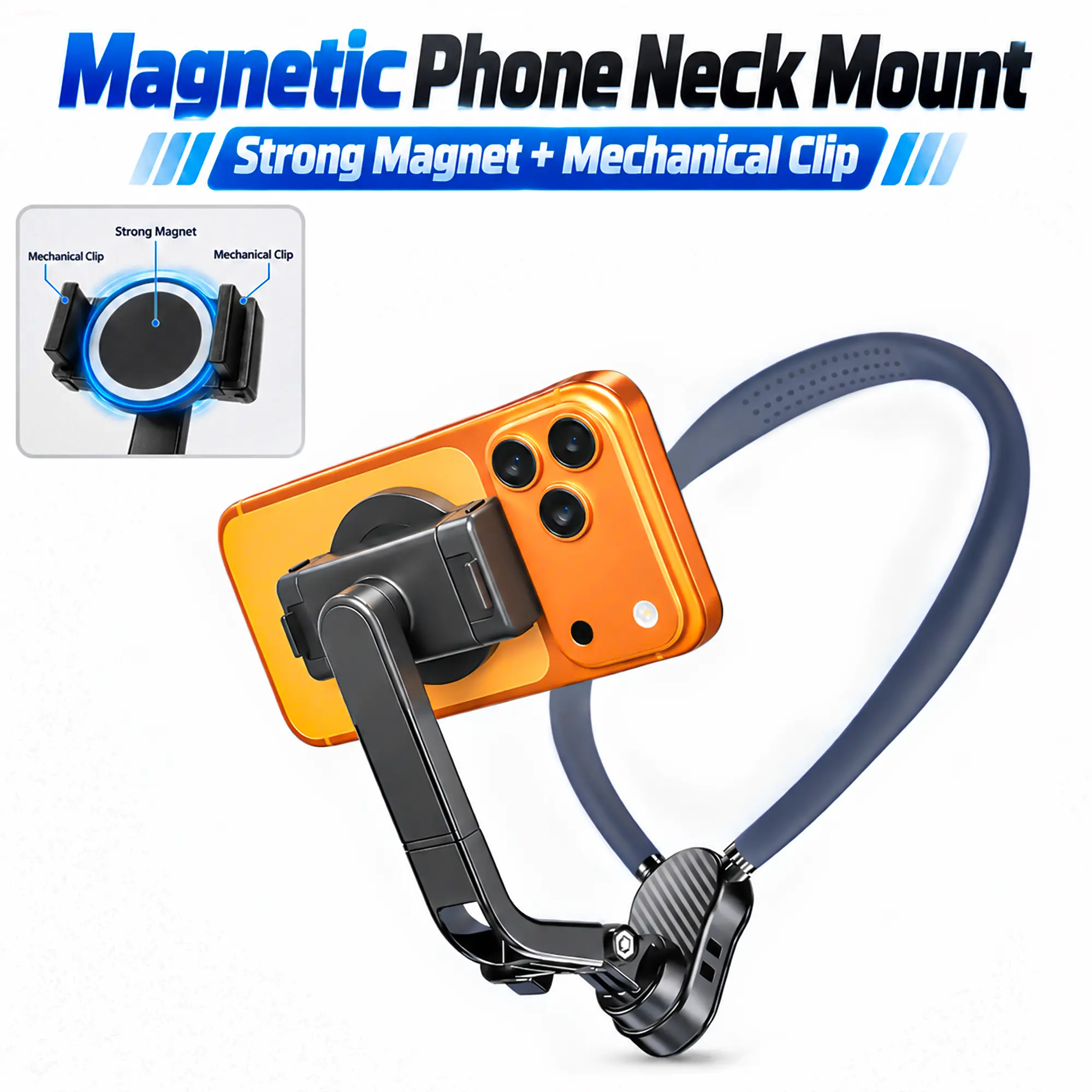 Magnetic POV Neck Phone Mount, Hands-Free 360° Adjustable, Magnetic & Clamp Dual Hold for Vlog Recording, Running, Hiking, Universal for Smartphones & Action Cameras