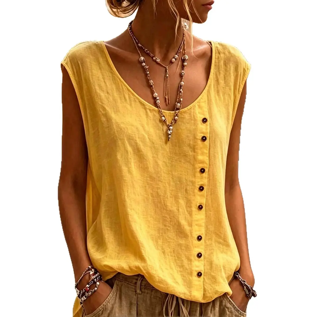 Women Casual Sleeveless Tank Top, Loose U‑Neck Decorative Button Blouse, Summer Relaxed Fit Sleeveless T‑Shirts for Ladies