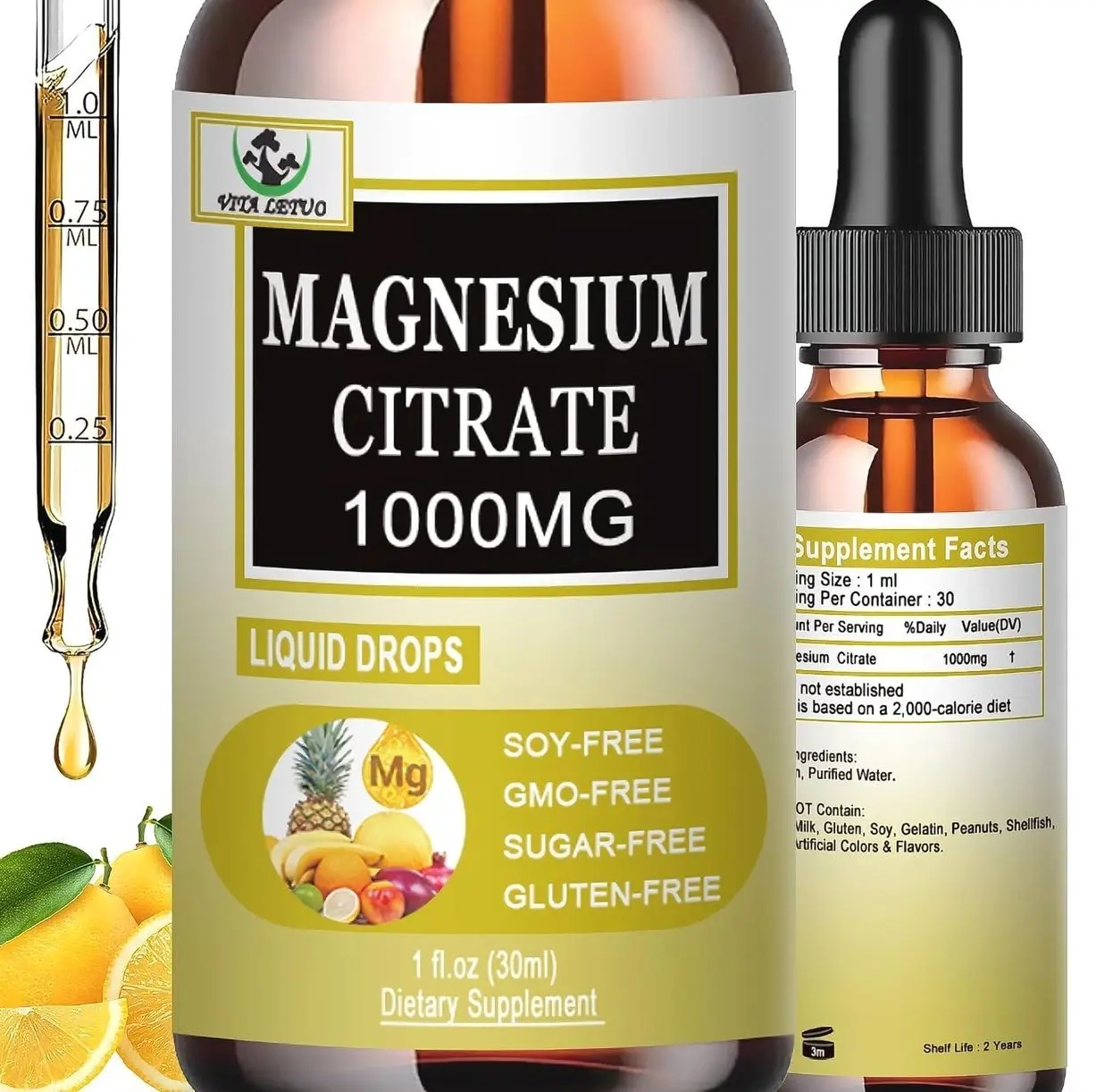 Magnesium Citrate Liquid Drops | High Absorption Liquid Magnesium Supplement for Sleep, Muscle & Heart Support - Magnesium Citrate 1000mg for Adults Women & Men - Vegan | Non-GMO - 30 Servings