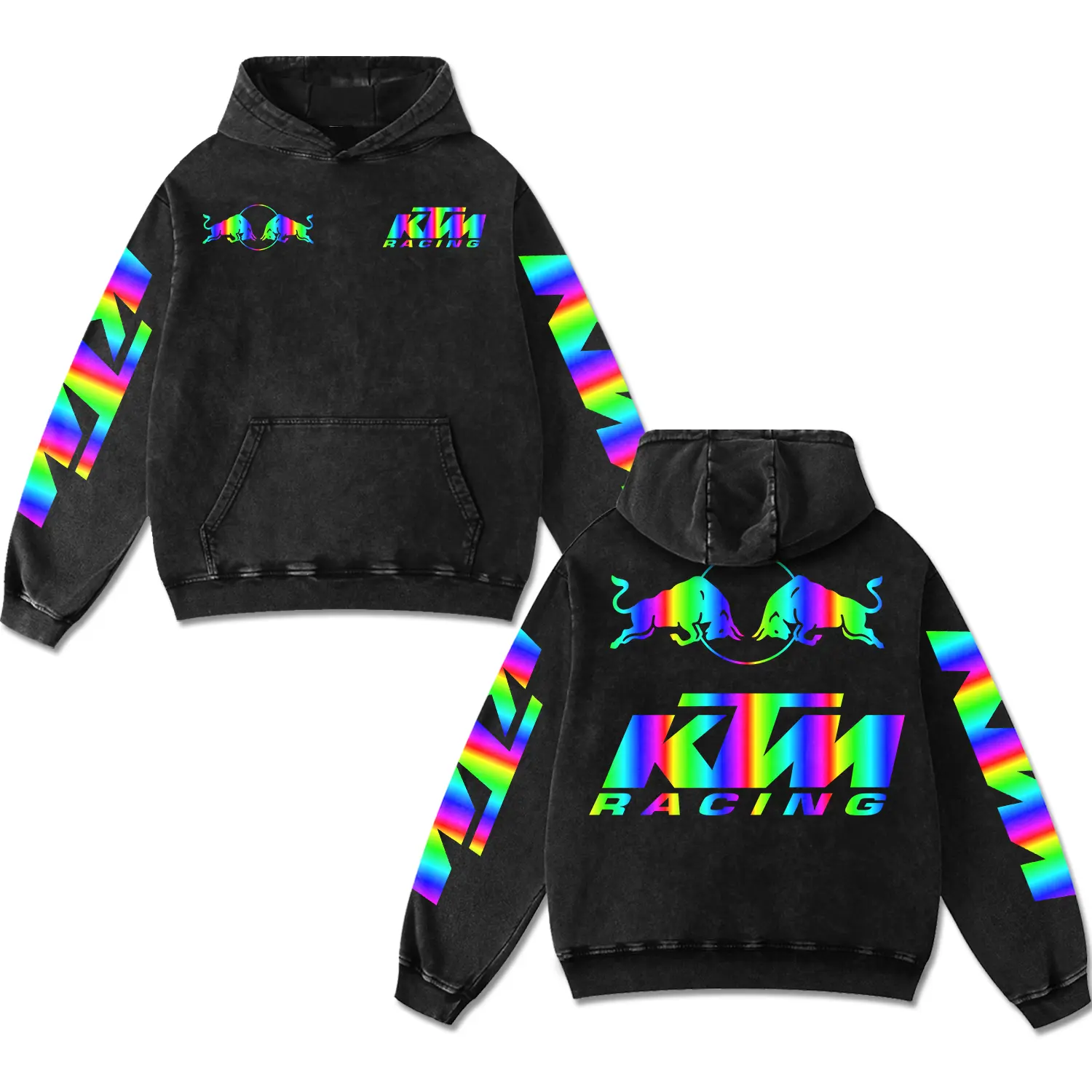 Retro Redbull x KTM Racing Hoodie Black Acid Washed, MotoGP Motorsport Team Enthusiast, Motorcycle Biker Graphic Streetwear, Heavyweight Sweatshirt, Retro Moto Gear Apparel Men’s Grunge Y2K Racing Jacket Style Oversized Vintage Clothes