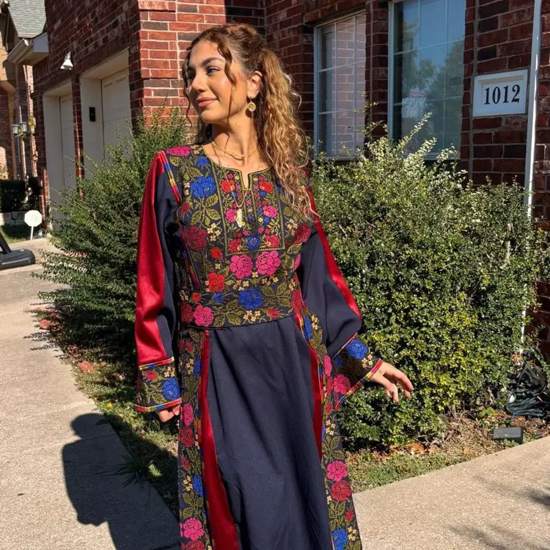 Blue Traditional Thobe with Flowers and Red Satin Sleeves for Women's Fashion