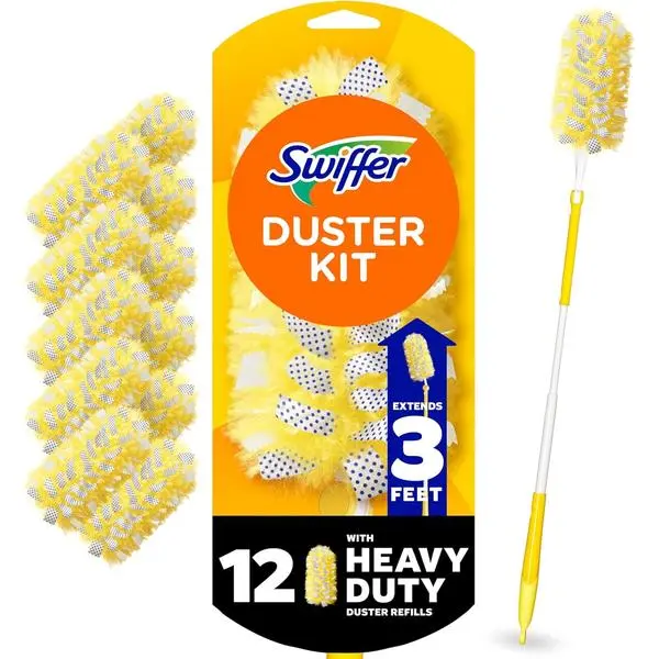 Swiffer Duster Kit with 3 ft Extendable Handle, Dusters for Cleaning, Set Includes 1 Extension Pole and 12 Heavy Duty Dusting Refills Dust Cleaner, Long Extended Wand for Ceiling Fans and Walls