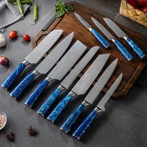 10pcs Damascus Pattern Resin Handle Chef Knife Set, Stainless Steel Fruit Cutter, Japanese Style Sashimi Knife, Vegetable Chopper