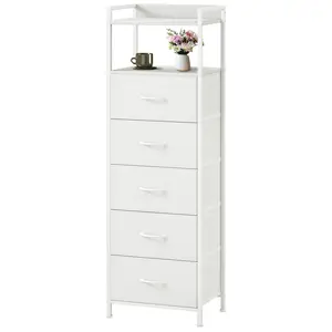 Somdot 5 Drawer Dresser with Fabric Bins,Sturdy Steel Frame and Wood Top, Storage Organizer Chest for Bedroom,Closet,Hallway.