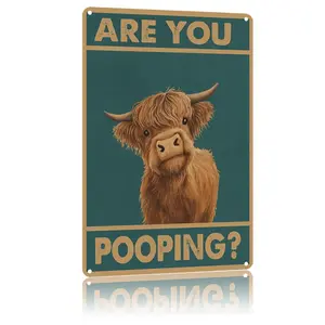 Vintage Highland Cow Tin Sign "Are You Pooping?"8x12 Inch Aluminum Bathroom Wall Decor for Western & Highland Cow Lovers