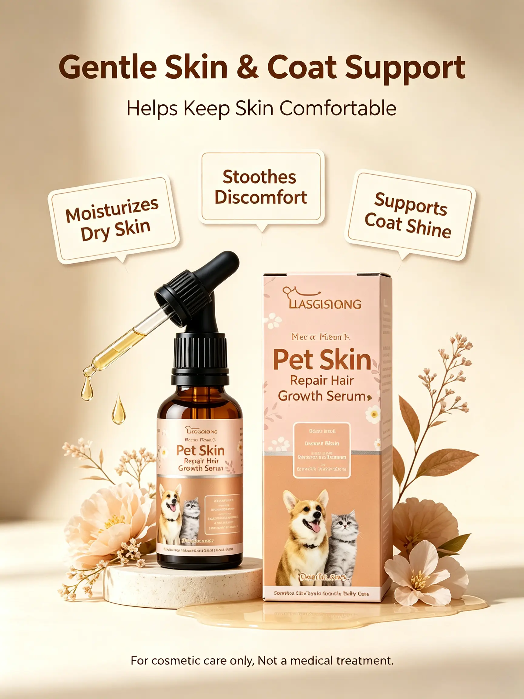 Pet Skin Repair & Hair Growth Serum Drops for Dogs & Cats, Natural Plant Extract Treatment, Soothes Dry Flaky Irritated Skin, Relieves Itching Redness, Repairs Bald Spots