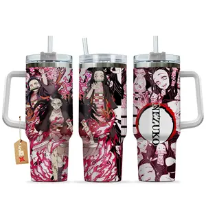 WeXAnime Demon Slayer Nezuko Kamado 40oz Stainless Steel Handle Tumbler - Double-Wall Vacuum Insulated Double Layer Mugs with Leakproof Lid, Portable Insulation Beverage Travel Mug, Otaku Gift