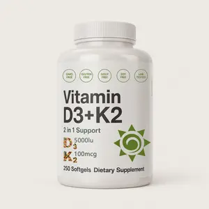 Vitamin D3 & K2 MK7 2-in-1 Complex  - Supports Heart, Bone & Teeth Health - Enhanced Absorption, Easy to Swallow Softgels - 250 Count Supplement Prebiotics Probiotics Dietary