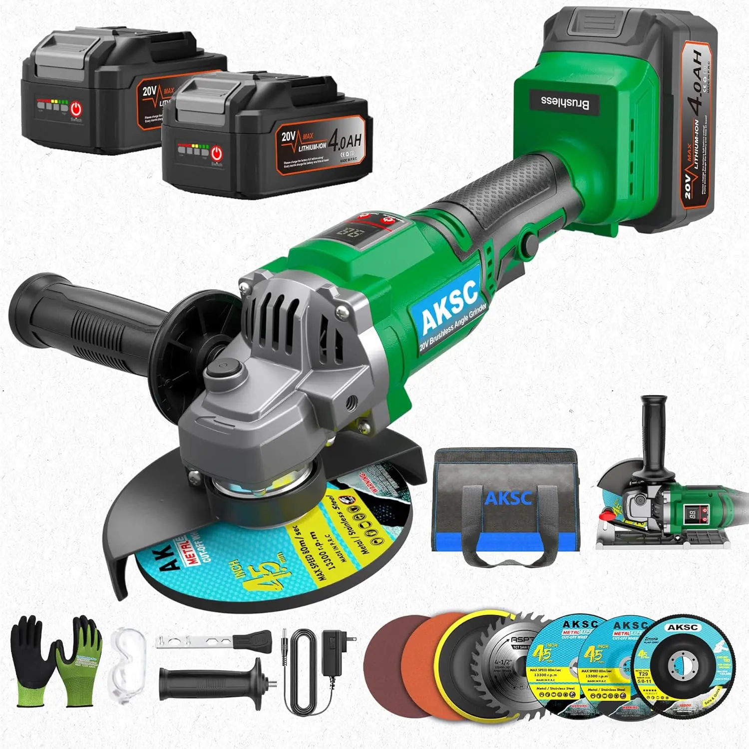 Cordless Angle Grinder Tool 41/2 inch, 20V Battery Grinder Kit, Brushless Power Angle Grinders with 2x4.0Ah Batteries, 3 Variable Speed Grinder with 35PCS Accessories for Metal Cutting, Grinding