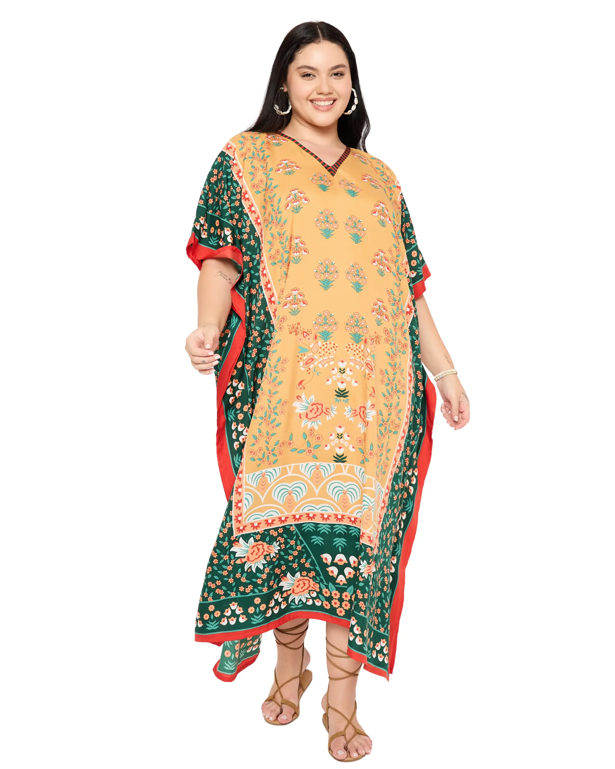 Gypsie Blu Regular Wear Kaftan Floral Printed for Women Polyester Mustard Yellow Lightweight Kimono Sleeve Casual Party Resort Beach Cover Up Dress One Size Fits Most