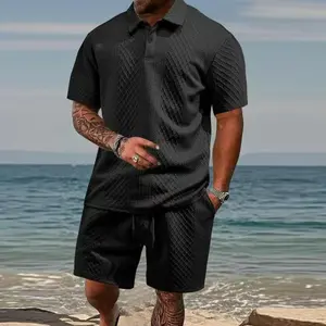 Everyday Casual Mens Clothing Set Classic Polo Shirt and Shorts with Subtle Waffle Grid Texture Comfortable Two Piece Outfit for Coffee Runs and Hangouts