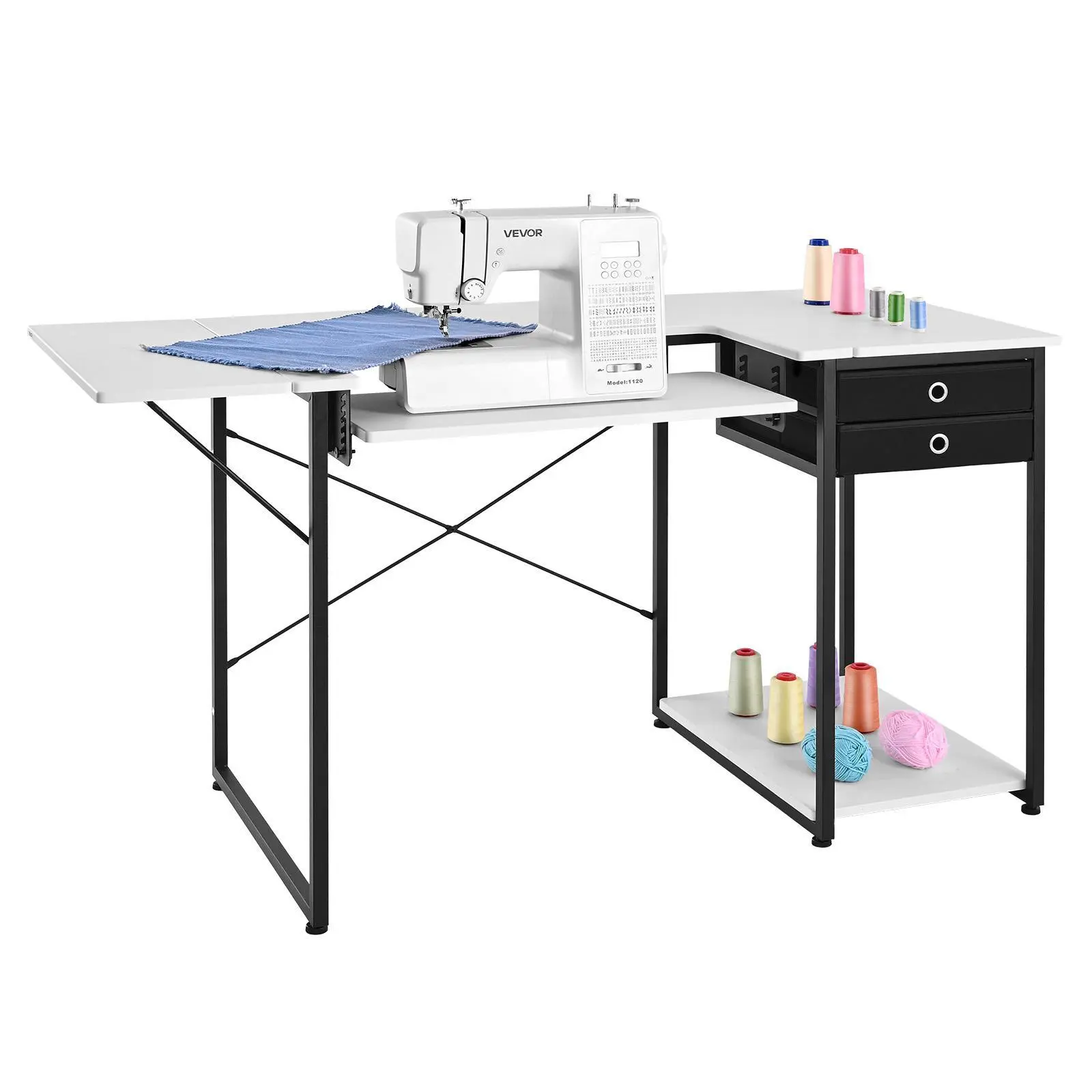【Summerfinds】VEVOR Sewing Table, Multipurpose Sewing Machine Table with Drawers, Foldable Side Shelf, Adjustable Shelf, Steel Legs, Computer Desk for Home, Fashion Studio, Art Studio, Educational Institution