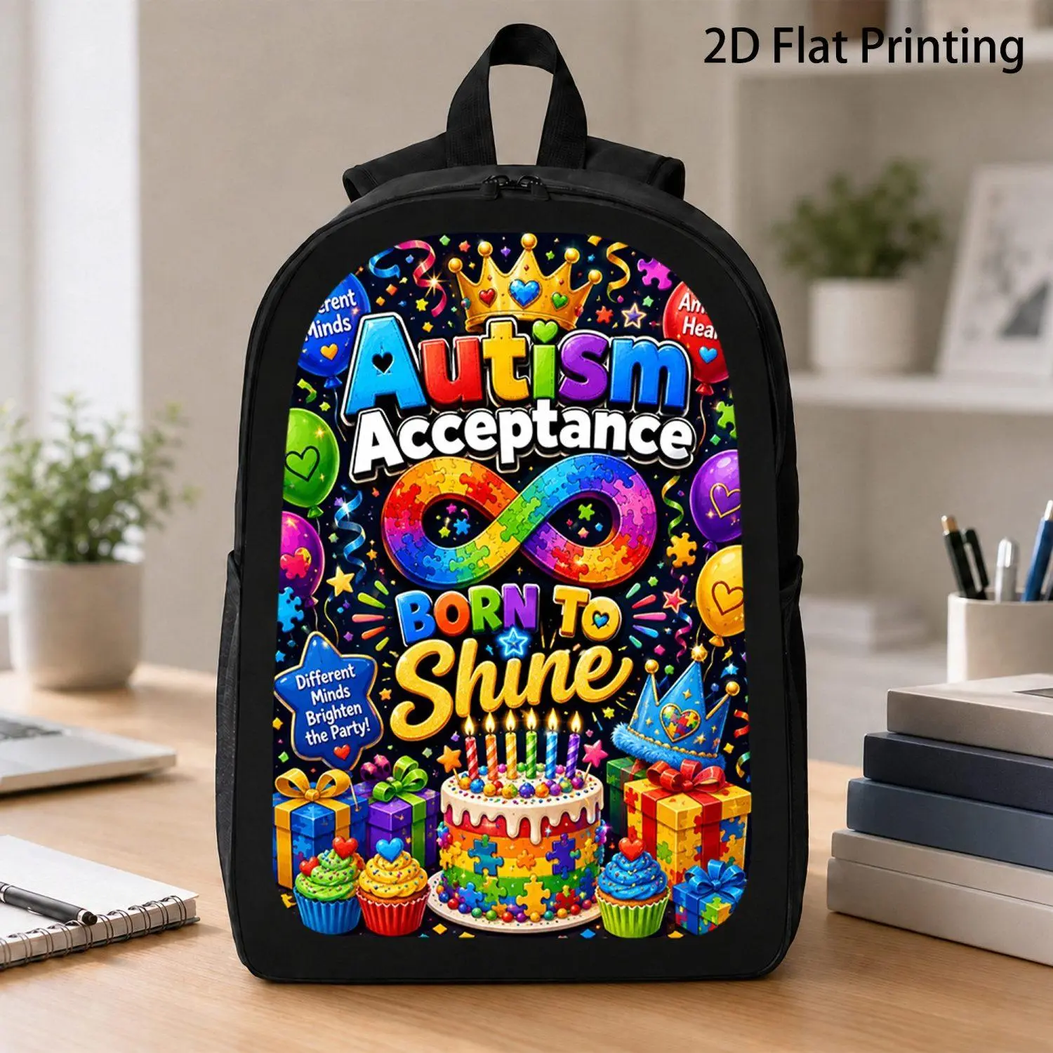[17 Inch Backpack] 1pc Autism Acceptance Born To Shine Crown Birthday Cupcake Gift Infinity Puzzle Backpack Trending Autism Support Celebration Art Backpack For Daily Outdoor And Casual Trip