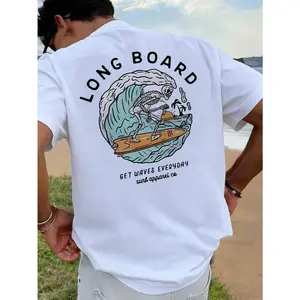 180g[100%cotton]Men's Casual Beach Surfing Element Printed Short Sleeve T-Shirt, Comfortable & Breathable, For Summer Wear