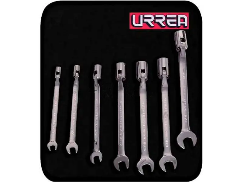 Urrea Professional Tools B994573 7-Piece Flex Combination Wrench Set - 0.37 In. - 0.75 In.., 180 deg Rotation, Flex Socket, Hard to Reach Areas, Reinforced Design, Silver