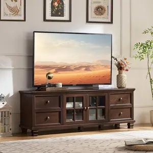 Farmhouse TV Stands for Living Room, Brown Entertainment Center with Storage, Wood TV Console with 4 Drawers, Rustic TV Cabinet for 65 inch TV, Walnut