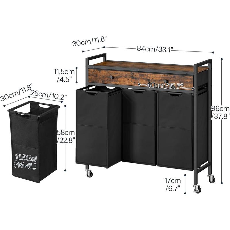 Laundry Sorter 3 Section, 130L Laundry Hamper with 2 Drawers, Rolling Laundry Basket, Pull-Out and Removable Laundry Bags for Laundry Room Organization, Rustic Brown and Black BF78XY01