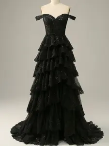 ZAPAKA-Black Off Shoulder Sweetheart Neck A-Line Evening Gown Lace Sequin Embroidery Tiered Tulle Formal Dress Red Carpet Ready Spring Collection Womenswear