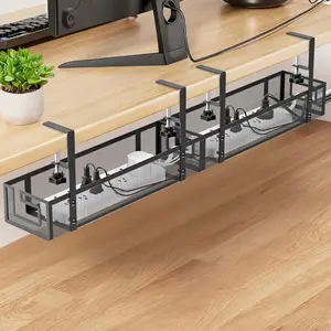 Under Desk  Management Tray,  No Drill  Management Under Desk, Heavy Duty Metal Cord Organizer,  Office Wire Management for Gaming/Standing Desk, 2 Pack Black, 15.75 inch