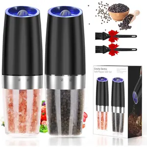 Gravity Electric Pepper and Salt  Set, Adjustable Coarseness, Automatic Shakers Mill  with LED Light,  , Upgraded Larger Capacity, One Hand Operated (Black 2 Pack)