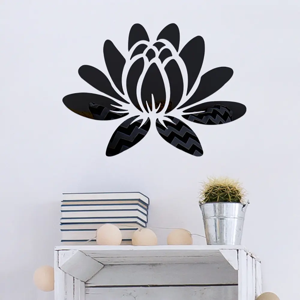 1 Set Lotus Flower 3D Acrylic Wall Sticker, Black Mirror Effect Wall Decal, Home Living Room Bedroom Wall Art Decor