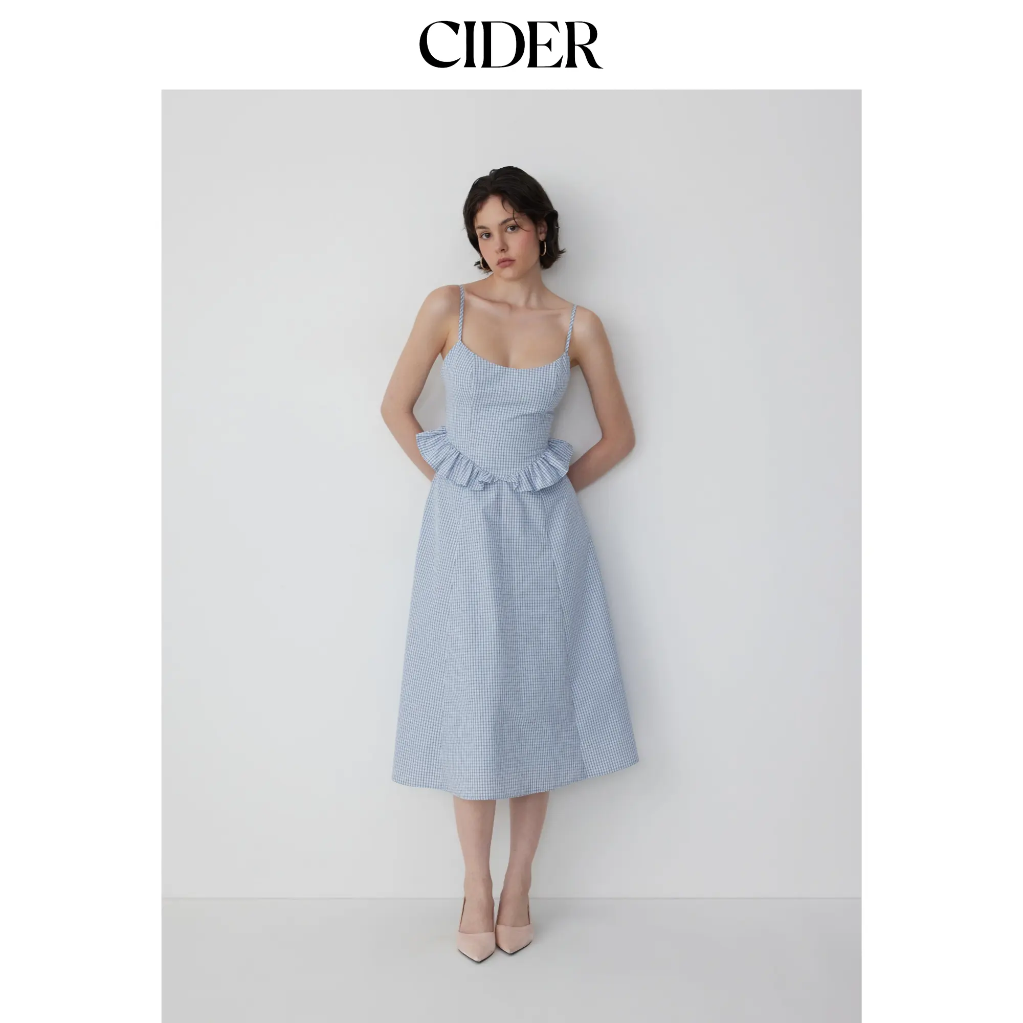 Cider Cotton-blend Gingham Scoop Neck Ruffle Bowknot Flared Maxi Dress