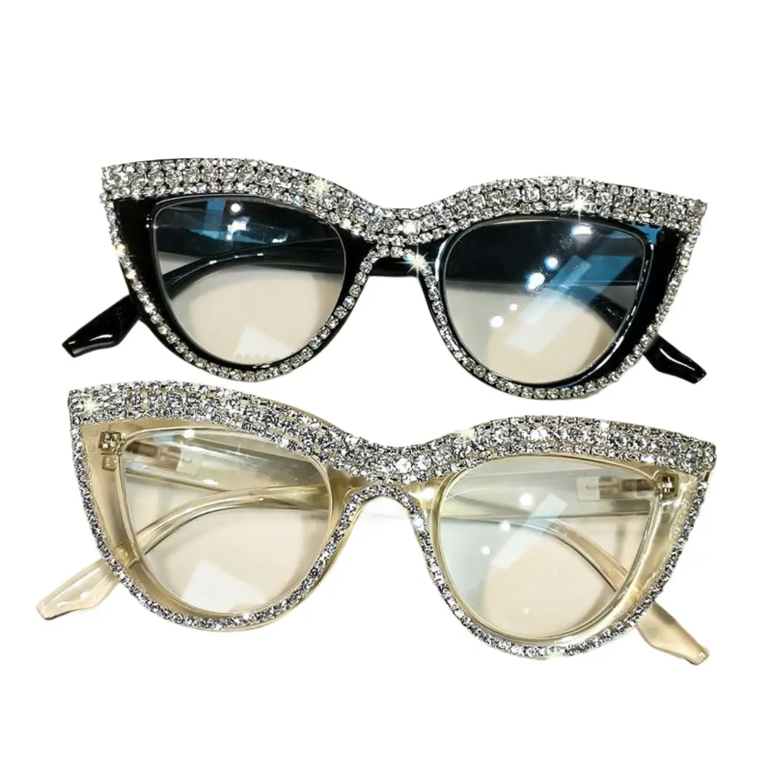 Women's 2-Pack Cat Eye Rhinestone Fashion Sunglasses - Anti-Blue Light Glasses, Sparkling Crystal Full-Frame, Black & Translucent Frames for Daily Wear, Screen Protection