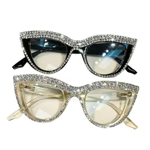 2-Pack Cat Eye Rhinestone Glasses for Women – Elegant Anti-Blue Light Eyewear with Sparkling Crystal Full-Frame Design, Stylish Black and Translucent Frames for Daily Wear, Screen Protection, and Fashion Outfits