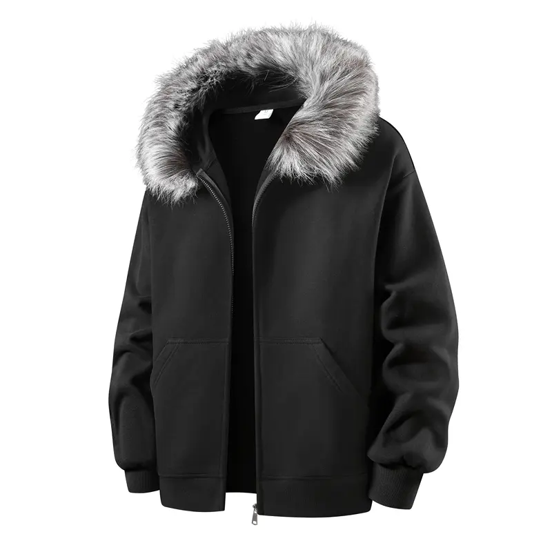 Men's Autumn Winter Hooded Zipper Jacket, Faux Mink Fur Collar Warm Anti-Pilling Coat, Casual Loose Long Sleeve Cardigan Sweater, Beige Men's Top, Unisex, Soft Comfortable Casual Versatile, Suitable for Men's Daily Wear, Suitable as Gift, Men's Gift