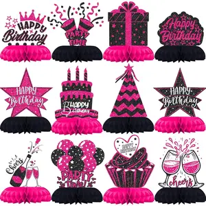 Hot Pink and Black Birthday Decorations 12PCS Honeycomb Table Centerpieces for Girls Teens Women Happy Birthday Table Decor Party Supplies