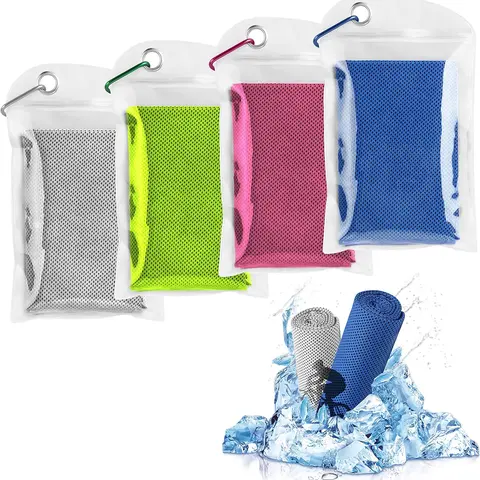 4-Pack Polyester Microfiber Cooling Towels - Soft, Breathable, Gym Towels for Sweat with Carabiner & Carrying Pouch for Yoga, Golf, Workout