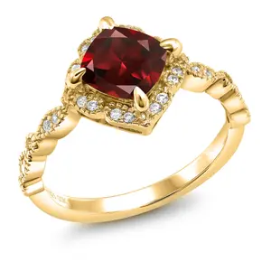 Gem Stone King 7MM Cushion Cut Gemstone Birthstone and White Moissanite Solitaire Engagement Ring For Women | 18K Yellow Gold Plated Silver | Available in Size 5, 6, 7, 8, 9