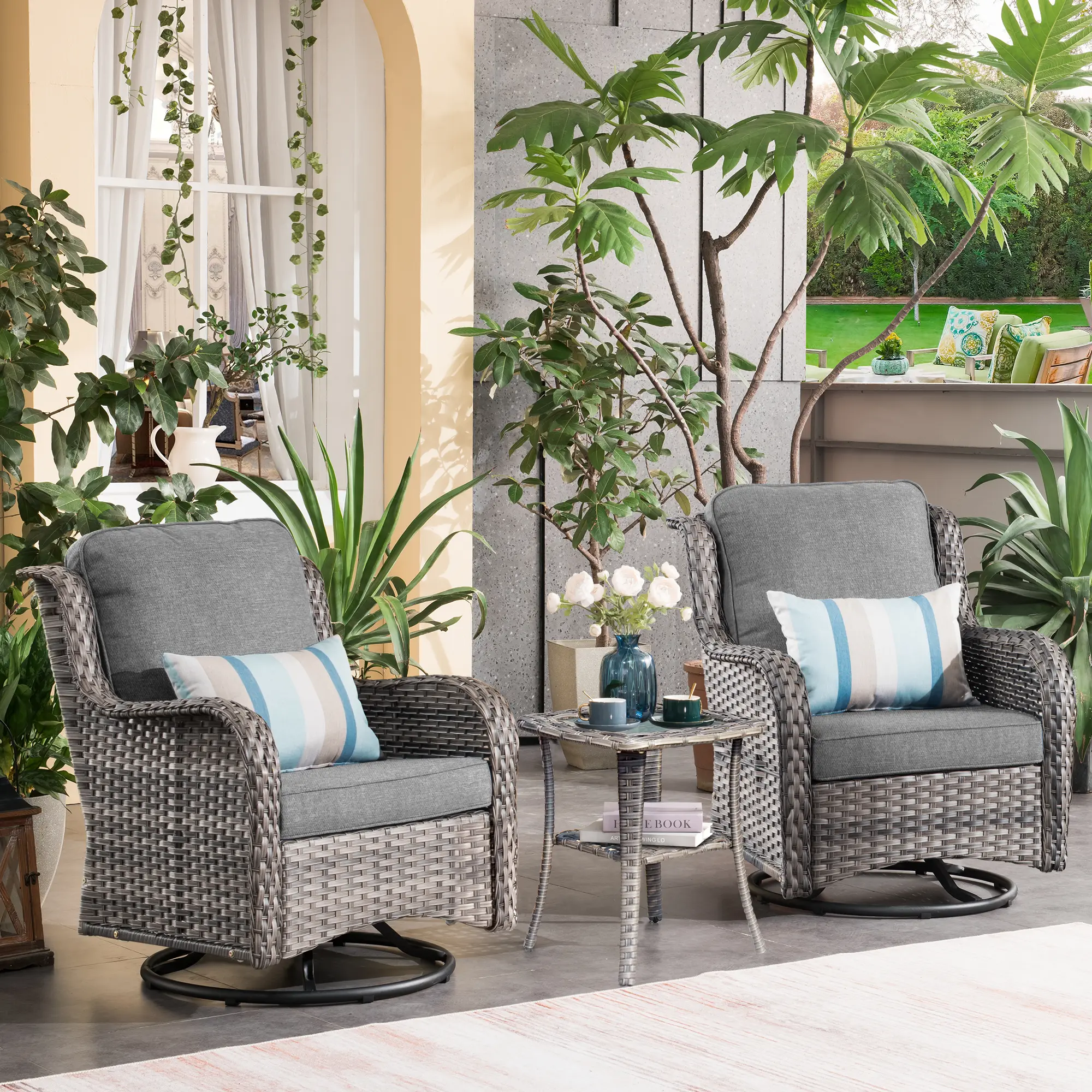 CAODOC Series Patio Swivel Rocking Chair Set of 2 with Side Table, Rust-Resistant Wicker Material, Durable Design, Weather-Ready Outdoor Use