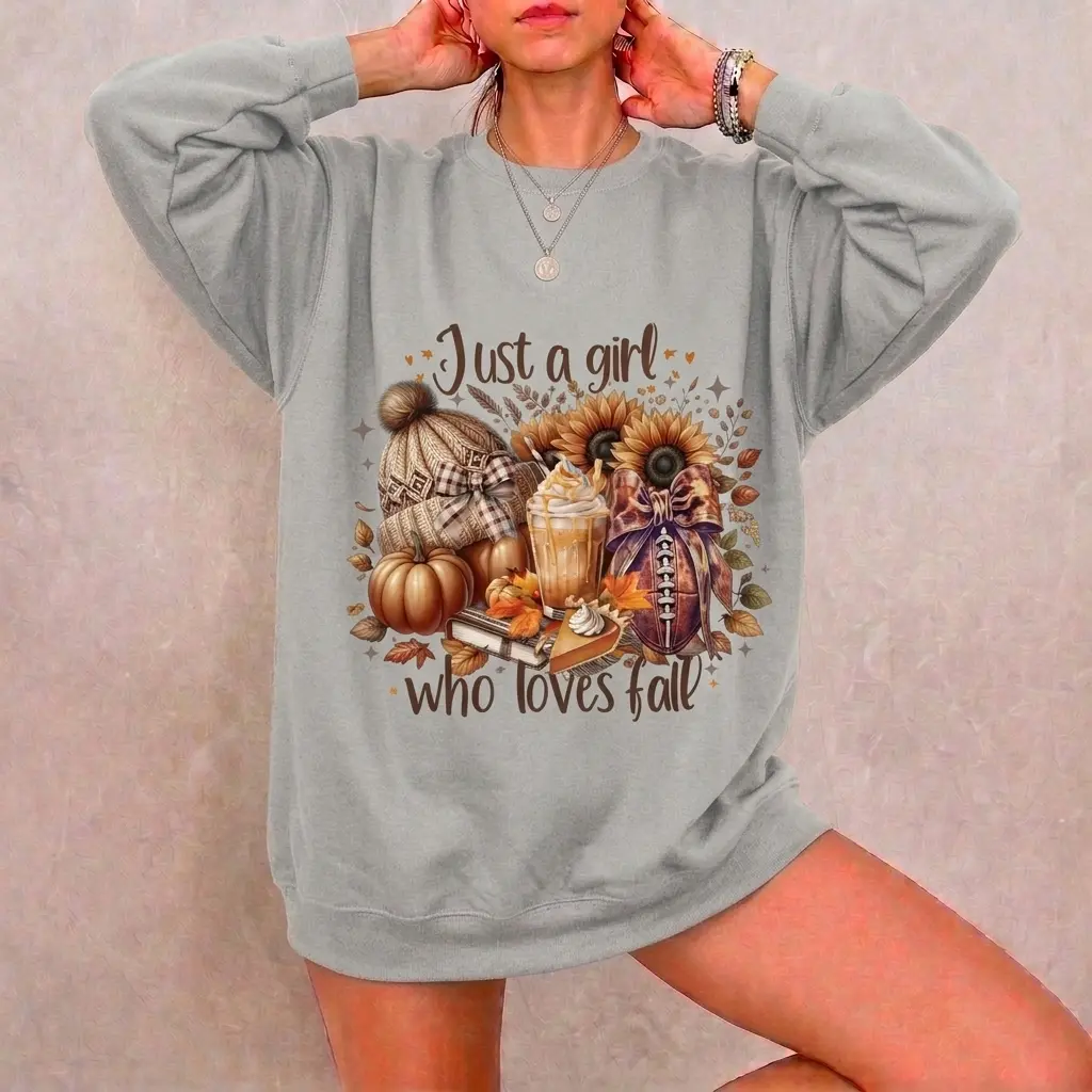 Just a Girl Who Loves Fall Sweatshirt, Pumpkin Spice Football Graphic Crewneck, Sunflower Autumn Shirt, Cozy Fall Outfit for Women