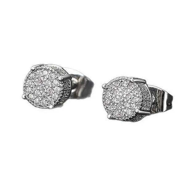 4PCS-Full Diamond Hip Hop Men's Stud Earrings ZirconMicro-setting Color Separation Electroplating Round EarringsWomen