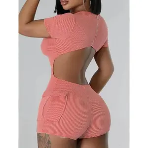 Women’s plain backless jumpsuit, street-style pocket short-sleeve romper for daily wear, ladies summer clothes, womenswear