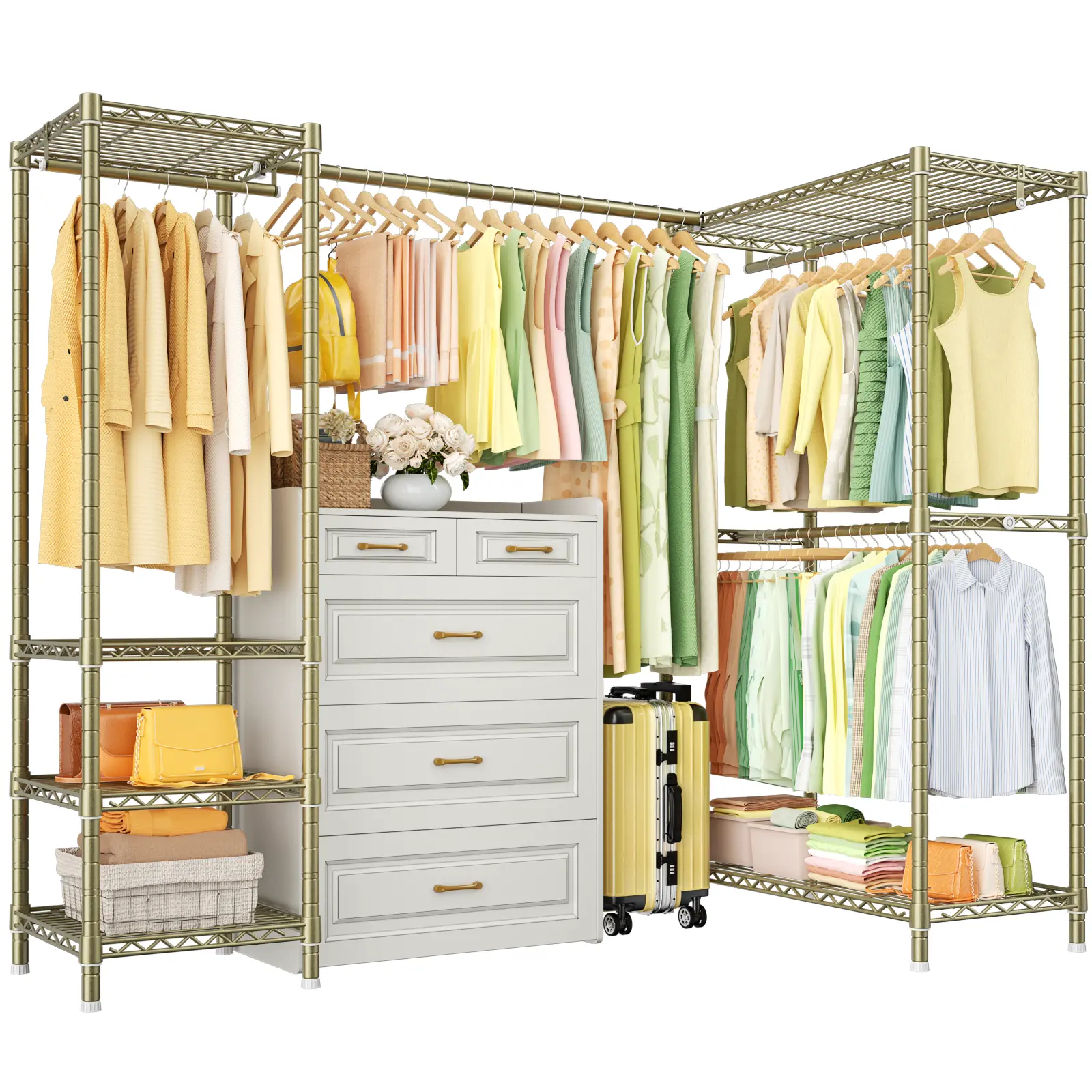E10L L-Shaped Clothes Rack for Corner（With Expandable Hanger Rod）Heavy Duty Freestanding Clothing Racks for Hanging Clothes，Portable Garment Rack 58-82"W x 30"D x 72"H，Max Load 900LBS，Black