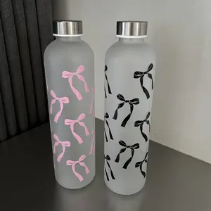 1000ML Butterfly Knot Water Bottle, Gradient Matte Plastic Sports Bottle, Non-Slip Leak-Proof Gym Thermos with Silver Color Cap, Drinkware