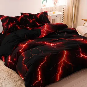 3pcs Set Black Red Lightning Printing Duvet Cover Set ,Suitable For Bedroom Hotel Inn School Dormitory Can Be Used As Holiday Gifts (1*Duvet Cover + 2 Pillowcases,No Comforter, No Pillow) Printed Bedding Set