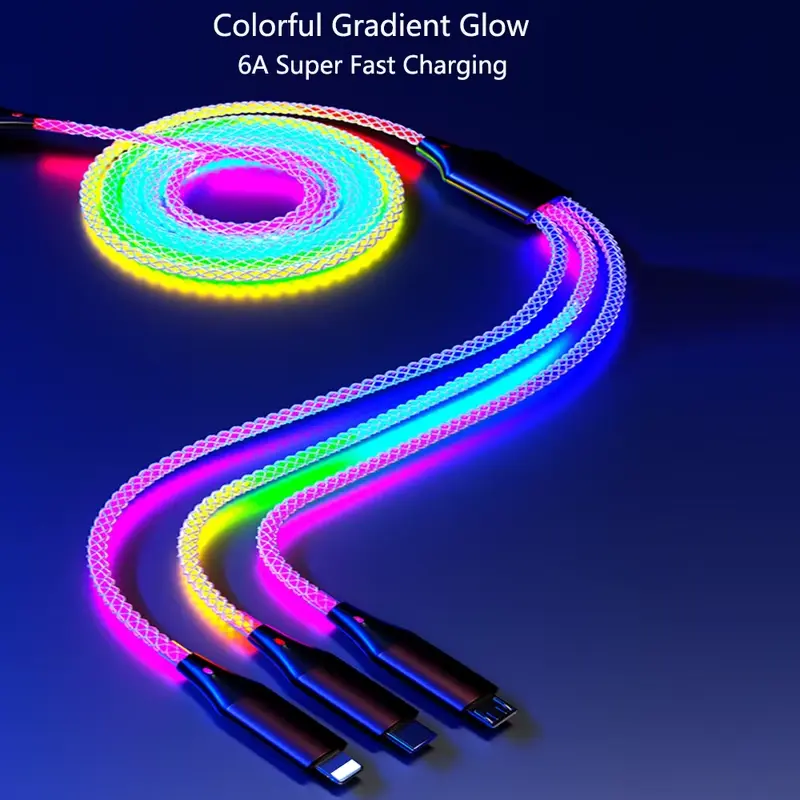 6A 120W Fast-Charging Glowing Braided Data Cable, 3-in-1 Multifunctional Cable with Colorful Gradient Light Effects, Compatible with Type-C, Micro USB, iPhone Devices