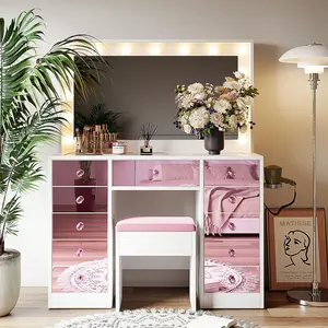 Makeup Vanity with 15 Hollywood Bulbs 3Color Lighting Modes Adjustable Brightness Dressing Table with Visual Glass Top 11 Pink Finish Drawers Vanity Desk Set with Cushioned Stool Pink Glamorous Vanity Set