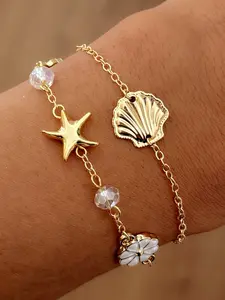 Elegant Women's Floral Star Shell Bracelet, Two-Layer Design, Perfect for Beach Parties & Vacation Wear, Daily Life Accessory