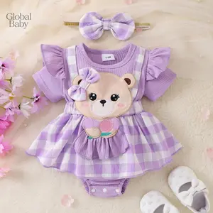 Global Baby Girl 2Pcs Summer Outfits, Short Puff Sleeve Plaid Print Romper with Headband Set Plaid Romper Dress Bear Patch Fake Two-Piece Ruffle Short Sleeve Bodysuit with Bow Headband