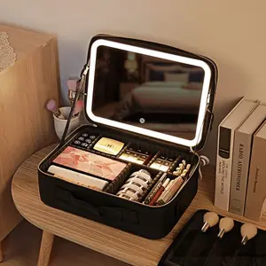 LED Lighted Makeup Travel Bag with Adjustable Mirror, Portable Makeup Case for Travel, Adjustable Dividers & Mirror, Makeup Brush Organizer