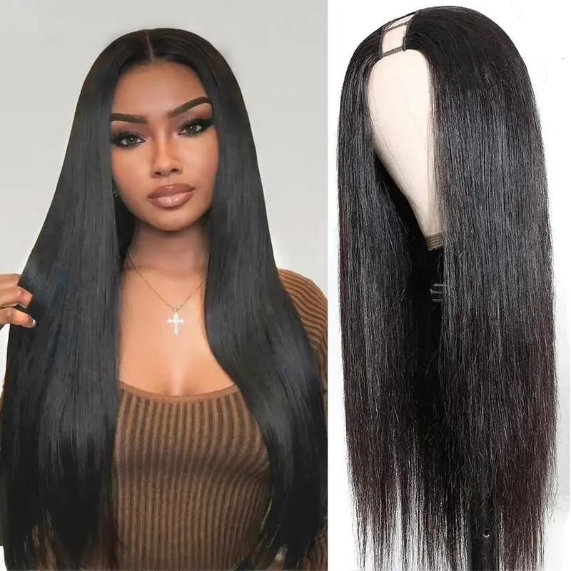 24Inch V Part Wigs Synthetic Hair Straight V Shape Wigs for Black Women Upgrade U Part Wigs No Leave Out No Sew In No Glue Clip in Half Wigs 180% Density Natural Black