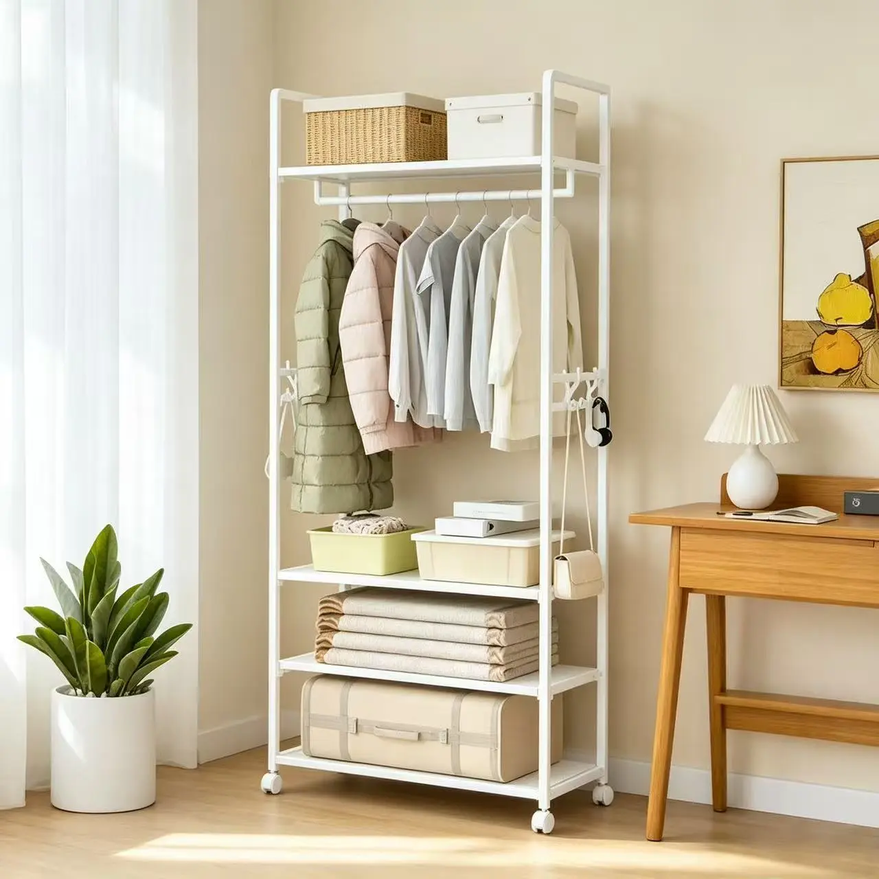 3-Tier Freestanding Garment Rack with Rolling Wheels, Multi-Functional Clothes Drying Rack with Storage Shelves & Side Hooks, Portable Clothing Organizer for Bedroom Entryway Balcony