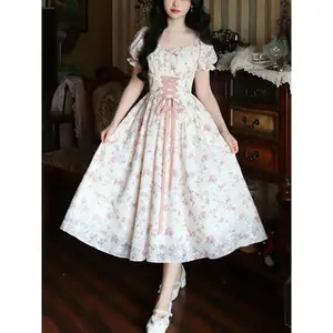 Summer Korean Fashion Lace Fairy Dress Women Square Collar Princess Kawaii Floral Print Dress Female Bandage Sweet Dress 2026