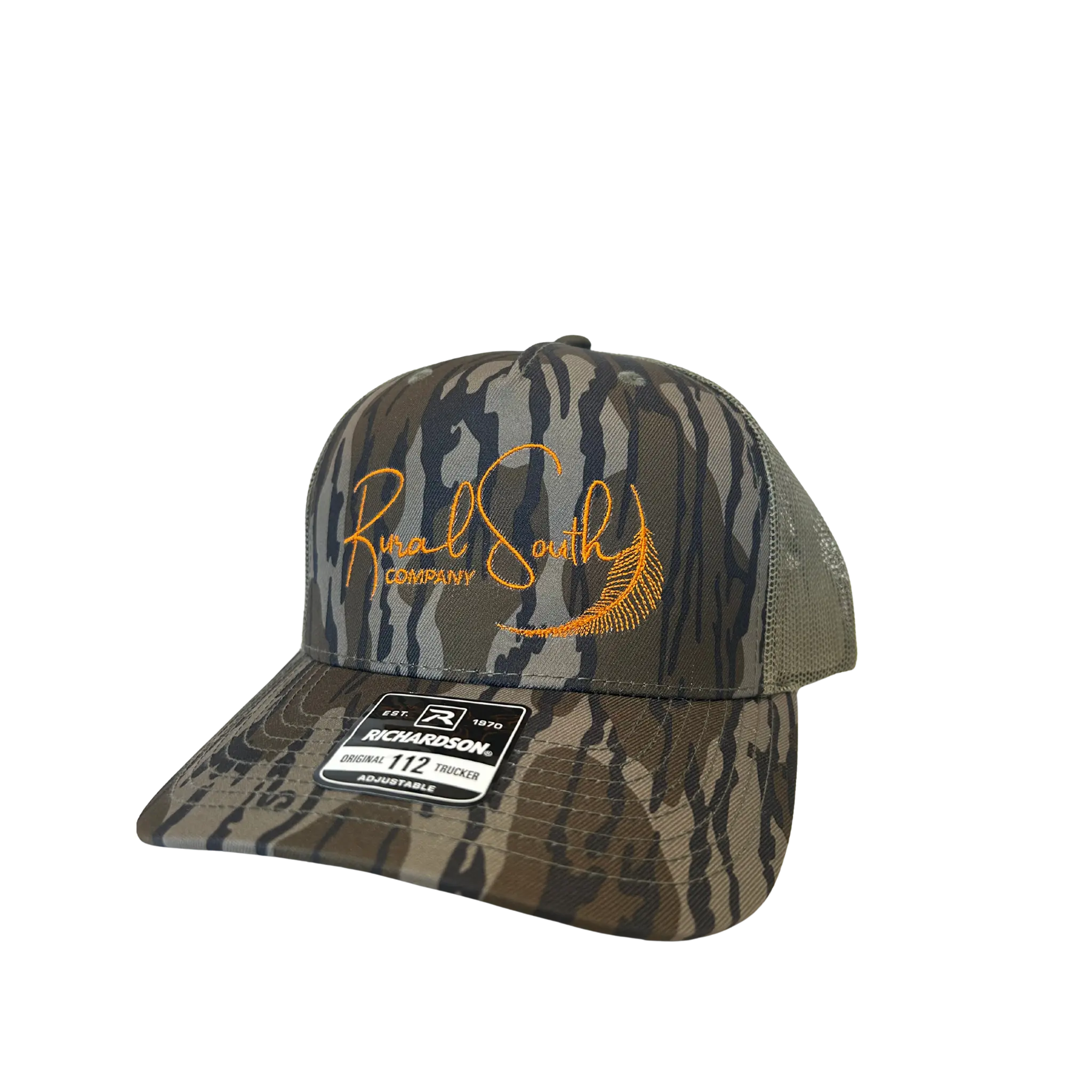 Rural South Company – Bottomlands Camo Trucker Hat (Orange Logo)